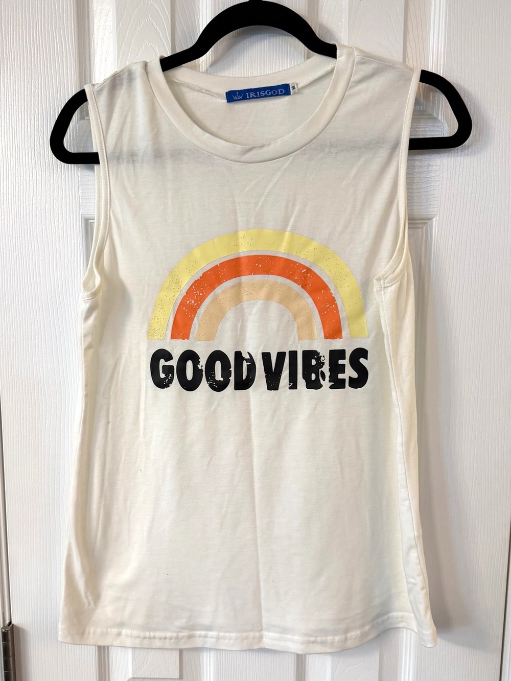 Good Vibes Rainbow Graphic Sleeveless Tank Top Cream Size Medium